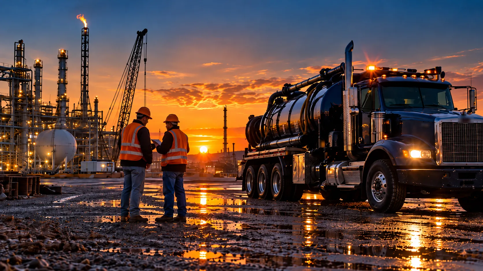 Two field workers in hard hats beside a vacuum truck at a refinery job site at sunset