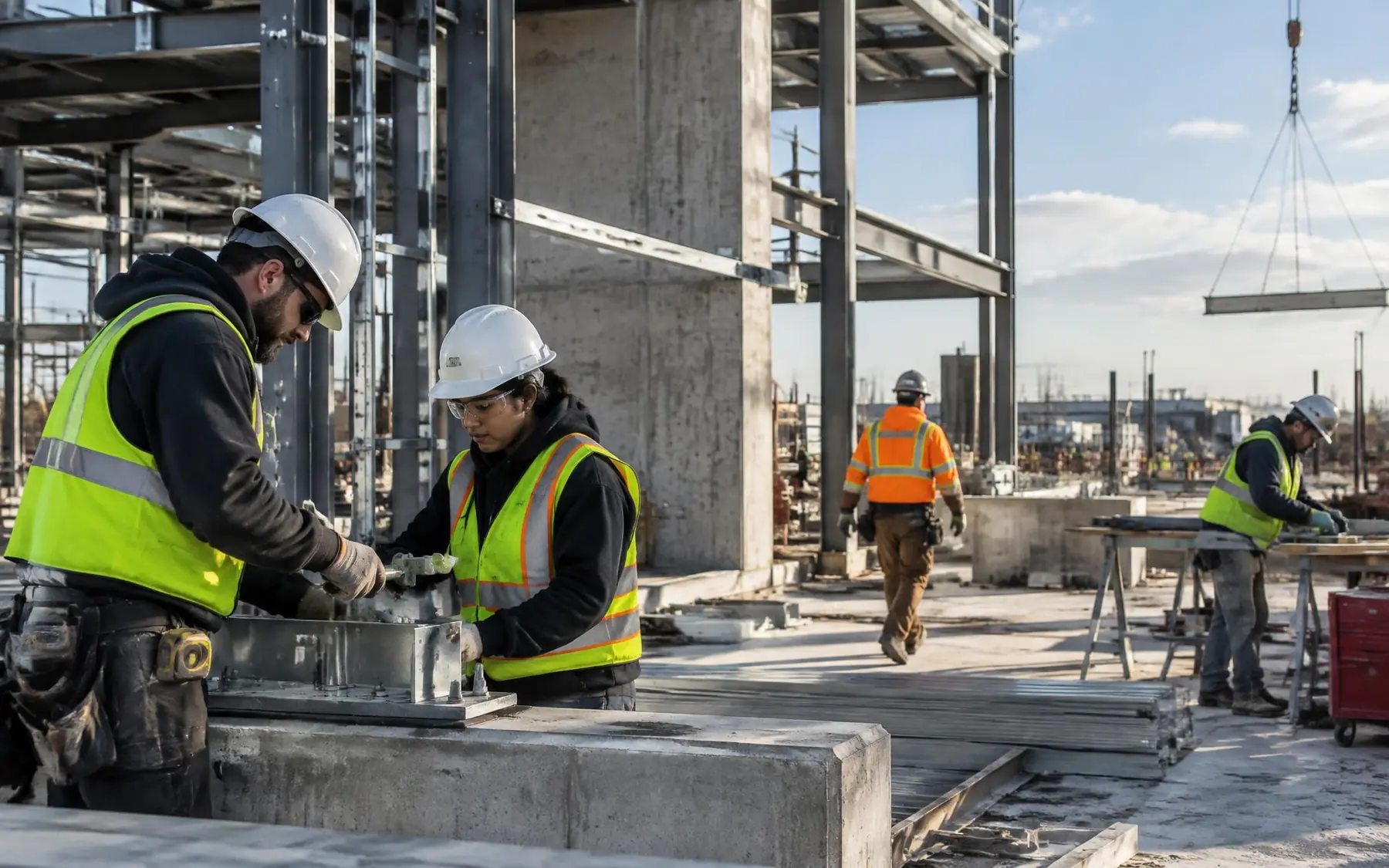Construction workers assembling steel on a commercial job site